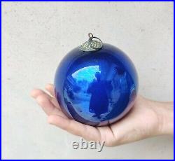 Vintage Kugel Cobalt Blue Christmas Ornament 4 5 Leaves Brass Cap Germany Heavy