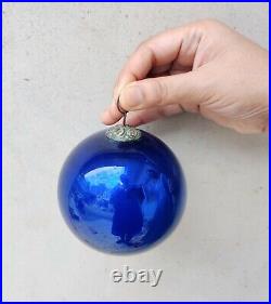 Vintage Kugel Cobalt Blue Christmas Ornament 4 5 Leaves Brass Cap Germany Heavy