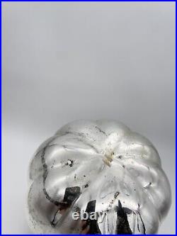 Vintage Kugel Silver Melon Shaped Ball Christmas Ornament 4.5 Brass Cap