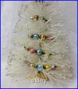 Vintage Large Christmas Bottle Brush Tree Glass Ornaments Glitter Wood Base