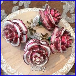 Vintage Living Quarters Hand Blown Glass Rose Ornaments Pink Clip On Poland