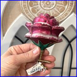 Vintage Living Quarters Hand Blown Glass Rose Ornaments Pink Clip On Poland