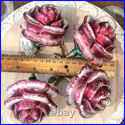 Vintage Living Quarters Hand Blown Glass Rose Ornaments Pink Clip On Poland