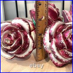 Vintage Living Quarters Hand Blown Glass Rose Ornaments Pink Clip On Poland