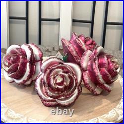 Vintage Living Quarters Hand Blown Glass Rose Ornaments Pink Clip On Poland