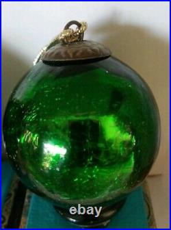Vintage Mercury heavy Crackle Glass Kugel Green Christmas Ornament 3