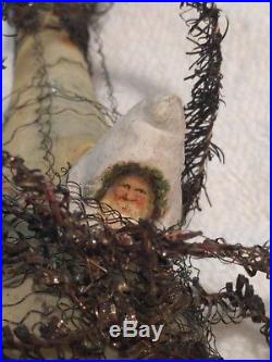Vintage Paper Face Plaster Santa in Wire Wrapped Glass Plane Christmas Ornament
