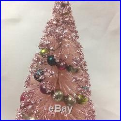 Vintage Pink Bottle Brush Christmas Trees With Mica And Glass Ornament Garland