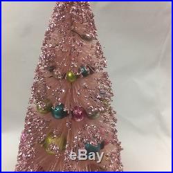 Vintage Pink Bottle Brush Christmas Trees With Mica And Glass Ornament Garland
