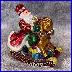 Vintage Reed & Barton Rocking Horse Santa Glass Christmas Ornament Boxed 4.5x5