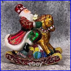 Vintage Reed & Barton Rocking Horse Santa Glass Christmas Ornament Boxed 4.5x5