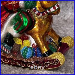 Vintage Reed & Barton Rocking Horse Santa Glass Christmas Ornament Boxed 4.5x5