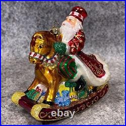 Vintage Reed & Barton Rocking Horse Santa Glass Christmas Ornament Boxed 4.5x5