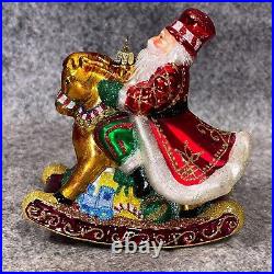 Vintage Reed & Barton Rocking Horse Santa Glass Christmas Ornament Boxed 4.5x5