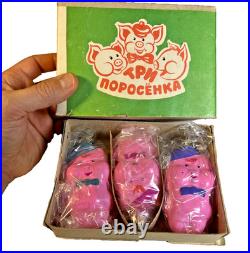 Vintage Russian USSR Glass Christmas Ornament Set THREE LITTLE PIGS Konakovo NOS