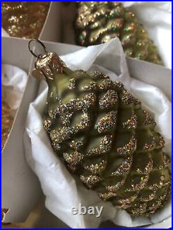 Vintage Set of 12 Snow Glitter PINECONE Glass Christmas Ornament Antique Dept 56