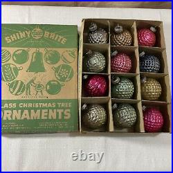 Vintage Shiny Brite Bumpy Golf Ball Glass Christmas Ornaments Set of 12 In Box