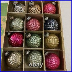 Vintage Shiny Brite Bumpy Golf Ball Glass Christmas Ornaments Set of 12 In Box