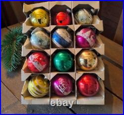 Vintage Shiny Brite Christmas Ornaments Stenciled Flocked 1940s WithOriginal Box
