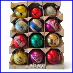 Vintage Shiny Brite Christmas Ornaments Stenciled Flocked 1940s WithOriginal Box