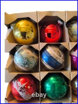 Vintage Shiny Brite Christmas Ornaments Stenciled Flocked 1940s WithOriginal Box