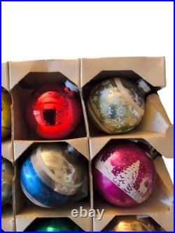 Vintage Shiny Brite Christmas Ornaments Stenciled Flocked 1940s WithOriginal Box