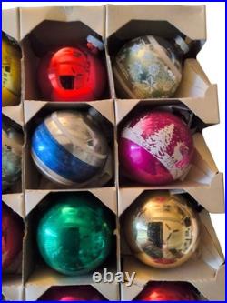 Vintage Shiny Brite Christmas Ornaments Stenciled Flocked 1940s WithOriginal Box