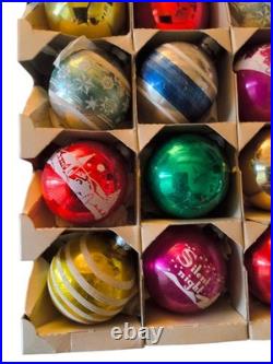 Vintage Shiny Brite Christmas Ornaments Stenciled Flocked 1940s WithOriginal Box