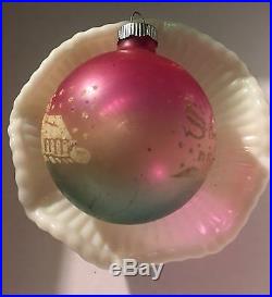Vintage Shiny Brite Pink Blue Silent Night Stencil Mica Glass Christmas Ornament
