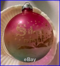 Vintage Shiny Brite Pink Blue Silent Night Stencil Mica Glass Christmas Ornament
