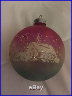 Vintage Shiny Brite Pink Blue Silent Night Stencil Mica Glass Christmas Ornament Christmas