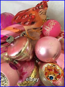 Vintage Shiny Brite Pink MICA Glass Christmas Indent Poland Ornaments Huge Lot