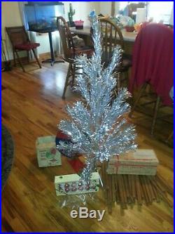 Vintage aluminum christmas tree 4' with Color wheel, glass ornaments org. Box