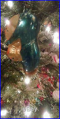 Vintage cat in the shoe figural Christmas ornament blown glass