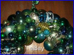 Vintage handmade christmas ornament wreath blue green 17.5 glass holiday decor