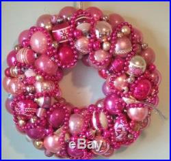 Vintage handmade christmas ornament wreath pink beaded 19.5 glass holiday decor