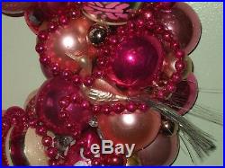 Vintage handmade christmas ornament wreath pink beaded 19.5 glass holiday decor