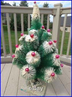 Vtg 1950's Bottle Brush Christmas Tree w Heavy Coated Mica Glass Ornaments 35