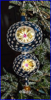 Vtg 1987 Radko Blue Blown Glass Royal Double Star Reflector Christmas Ornament