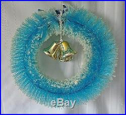 Vtg Blue Flocked Bottle Brush Wreath 16 Christmas Puleo's Glass Ornaments IOB