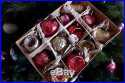 Vtg Box 12 Glass Feather Tree Antique Xmas Ornaments Bumpy Hearts Indent Fruit