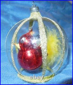 Vtg Cardinal Swings Inside Bird Cage Glass Xmas Ornament De Carlini Italy Nice