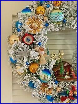 Vtg Christmas Ornament Wreath Nativity Pixie Deer Mercury Glass Shiny Brites 21