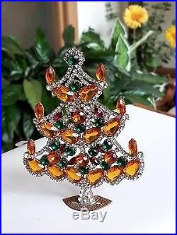 Vtg Husar D Czech Glass Rhinestone Jeweled Christmas Tree Free Standing Ornament