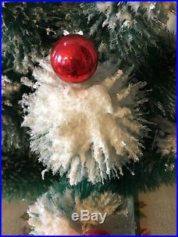 Vtg Kitschy Bottle Brush Flocked Snow Christmas Tree Red Ornaments Mercury Glass