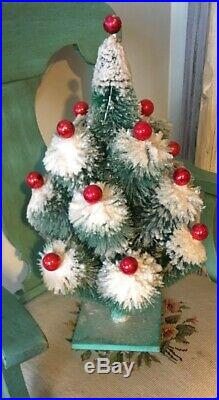 Vtg Kitschy Bottle Brush Flocked Snow Christmas Tree Red Ornaments Mercury Glass