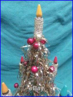 Vtg Mirostar Aluminum Tinsel Lighted Christmas Tree Glass Ornaments Working