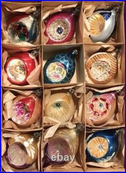 Vtg Poland 3 Indent Mercury Glass Christmas Ornaments Teardrop Hand Painted 12