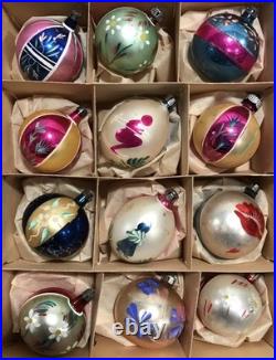 Vtg Polish Christmas Ornaments 3 Teardrop Hand Painted Mercury Glass 12 with Box