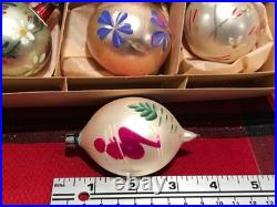 Vtg Polish Christmas Ornaments 3 Teardrop Hand Painted Mercury Glass 12 with Box